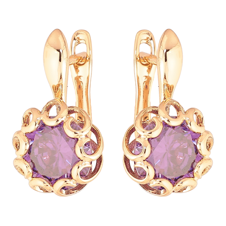 Сережки Xuping Позолота 18K англійський замок «Бузкові кристали в декоративній оправі» фото №1 Сережки Xuping Позолота 18K англійський замок «Бузкові кристали в декоративній оправі» фото №1