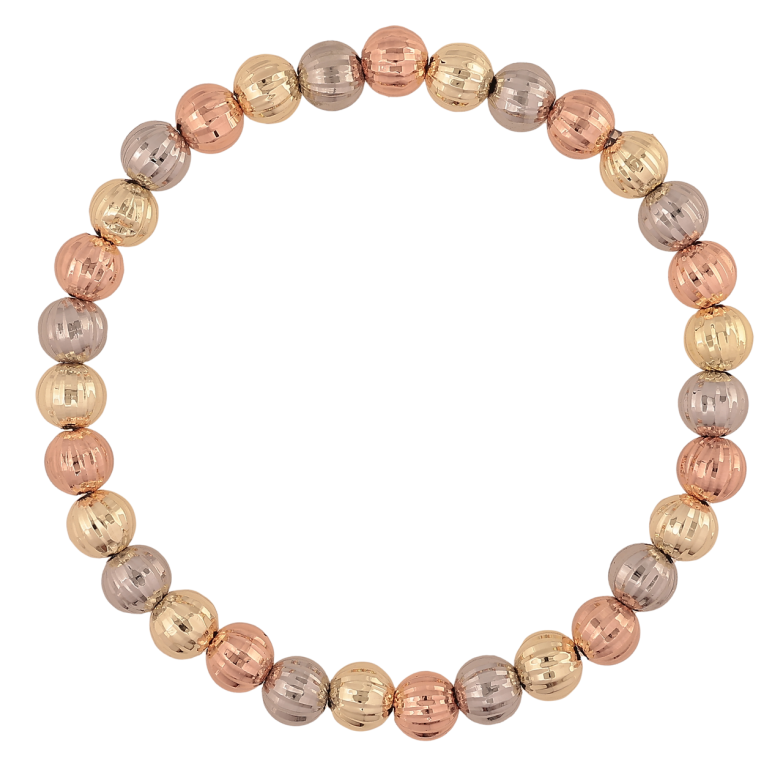 Браслет Xuping M&L колір 14К+18К+Родій «Намистини з візерунком» на резинці, ø 6мм, вільний розмір фото №1