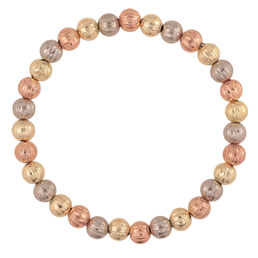 Браслет Xuping M&L колір 14К+18К+Родій «Намистини з візерунком» на резинці, ø 6мм, вільний розмір фото №1