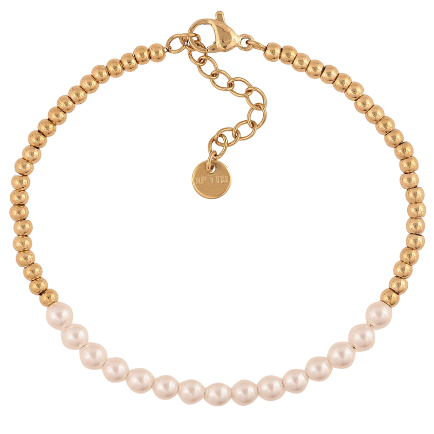 Браслет Xuping ТТМ Stainless Steel цвет 14К Золотистые и жемчужные бусины с доп.цеп 18-21см х 3-4мм фото №1