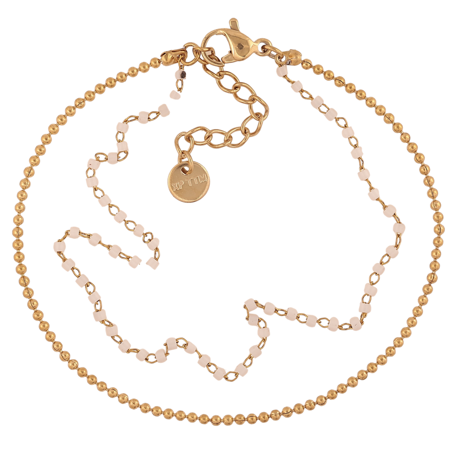 Браслет Xuping ТТМ Stainless Steel колір 14К «Подвійний ланцюжок з білим бісером» з доп.ланцюгом 17.5-20.5см х 4мм фото №1