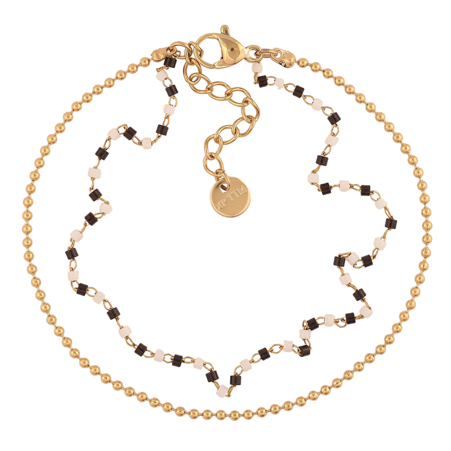 Браслет Xuping ТТМ Stainless Steel колір 14К «Подвійний ланцюжок з чорно-білим бісером» з доп.ланцюгом 17.5-20.5см х4мм фото №1