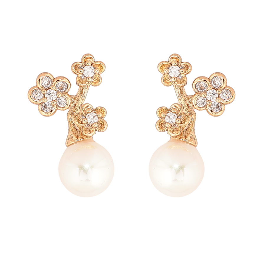 Серьги Xuping Позолота 18K пусеты Цветочки с жемчужинами фото №1 Серьги Xuping Позолота 18K пусеты Цветочки с жемчужинами фото №1
