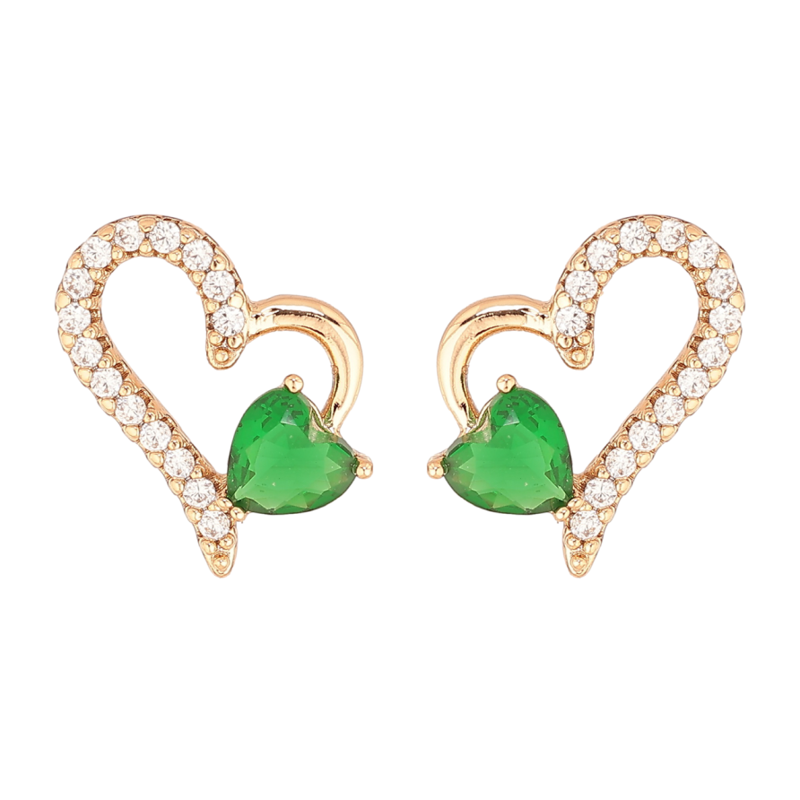 Серьги Xuping Позолота 18K пусеты Сердечки с зелеными кристаллами фото №1
