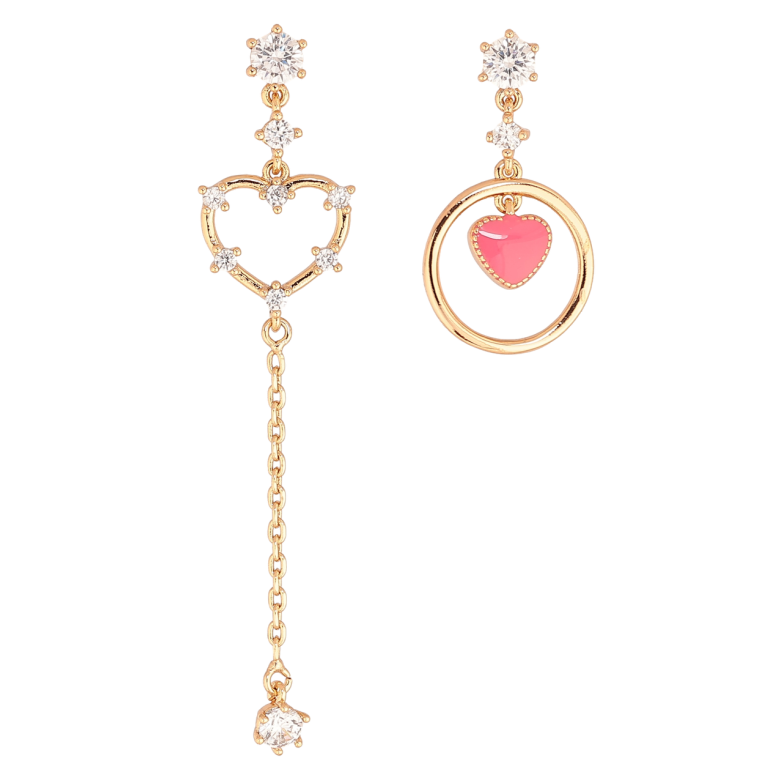 Серьги Xuping Позолота 18K пусеты Ассиметричные подвески сердечки с кристаллами и розовой эмалью фото №1