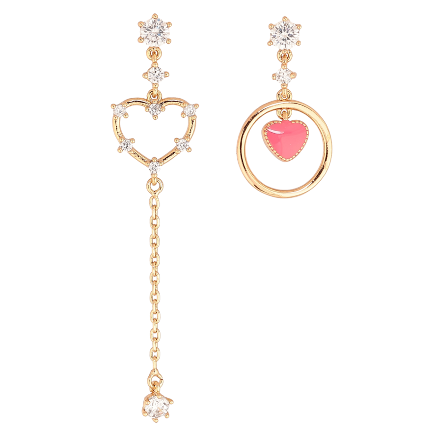 Серьги Xuping Позолота 18K пусеты Ассиметричные подвески сердечки с кристаллами и розовой эмалью фото №1