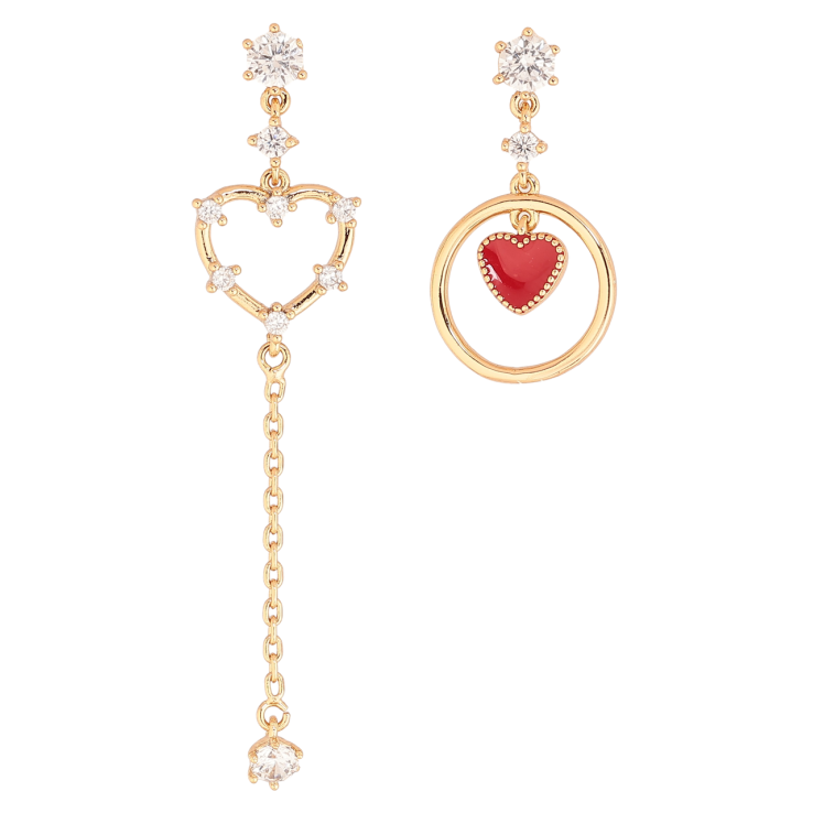 Серьги Xuping Позолота 18K пусеты Ассиметричные подвески сердечки с кристаллами и красной эмалью фото №3 Серьги Xuping Позолота 18K пусеты Ассиметричные подвески сердечки с кристаллами и красной эмалью фото №3