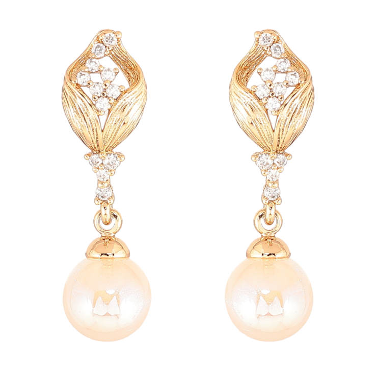 Серьги Xuping Позолота 18K пусеты Подвески с бежевыми жемчужинами и кристальными бутонами фото №19