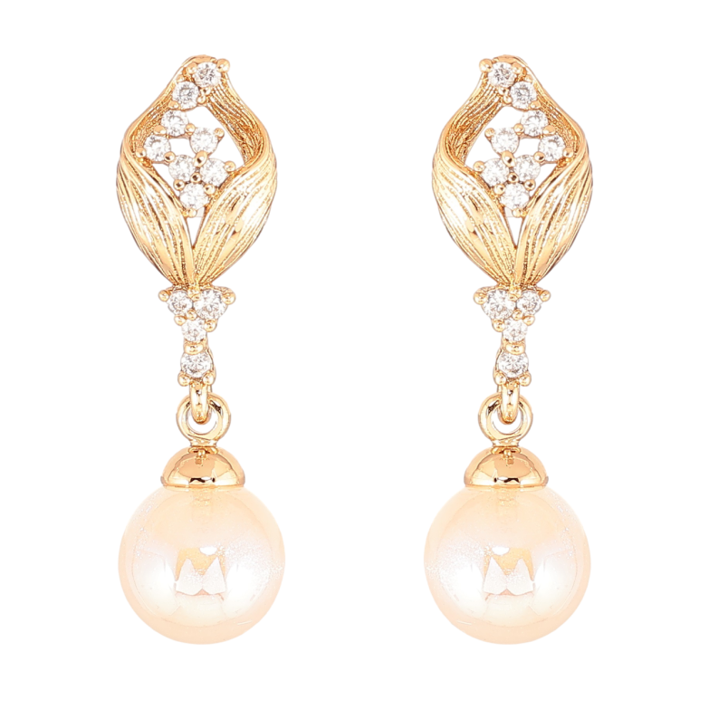 Сережки Xuping Позолота 18K пусети «Підвіски з бежевими перлинами та кришталевими бутонами» фото №1