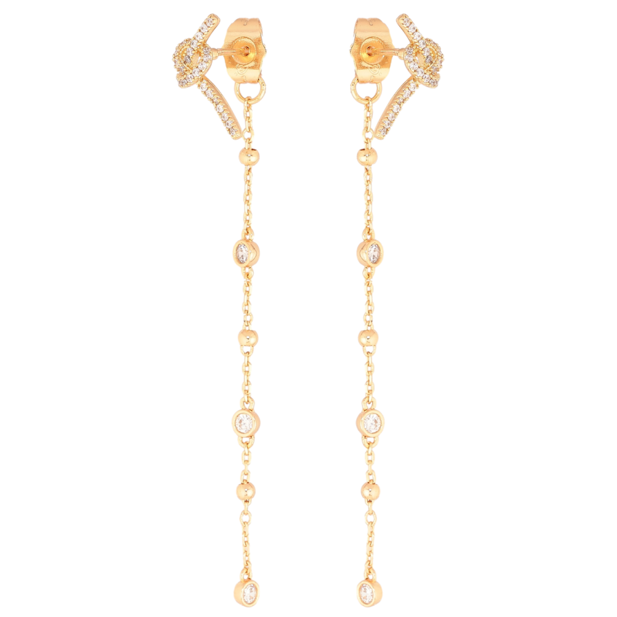 Серьги Xuping Позолота 18K пусеты-джекеты Узелки с кристаллами на цепочке фото №1 Серьги Xuping Позолота 18K пусеты-джекеты Узелки с кристаллами на цепочке фото №1