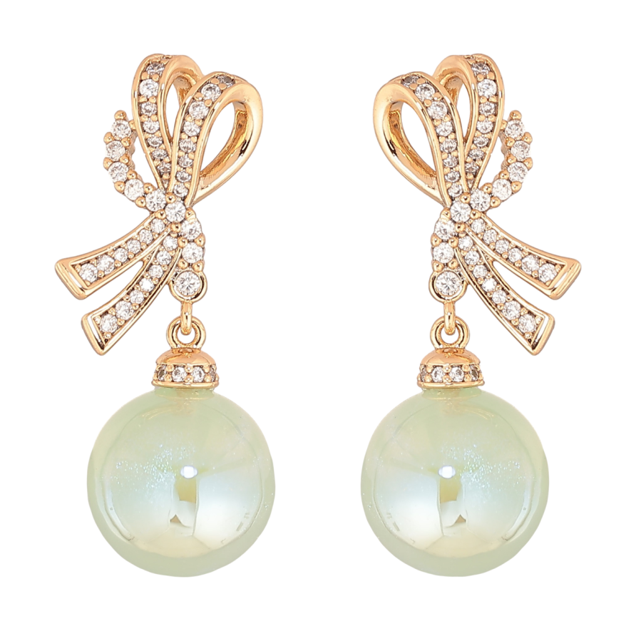 Серьги Xuping Позолота 18K пусеты Банты с мятными перламутровыми шариками фото №1 Серьги Xuping Позолота 18K пусеты Банты с мятными перламутровыми шариками фото №1