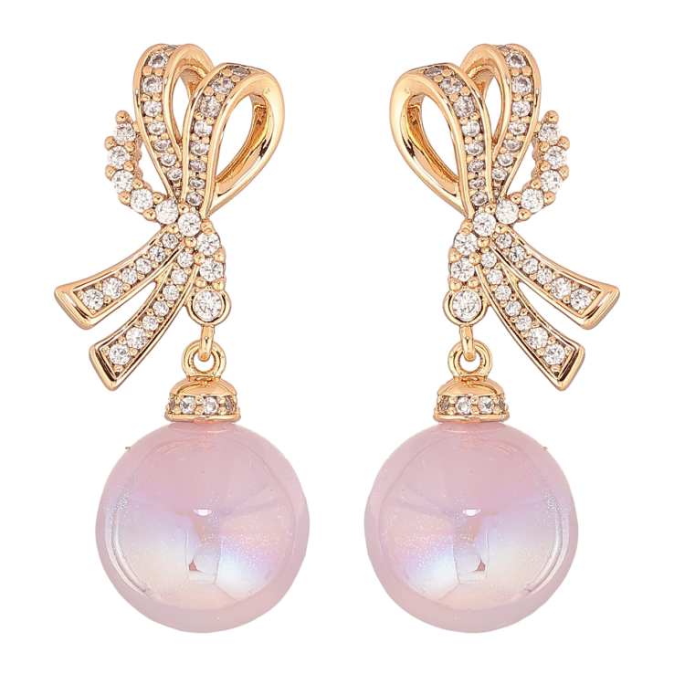 Серьги Xuping Позолота 18K пусеты Банты с сиреневыми перламутровыми шариками фото №14