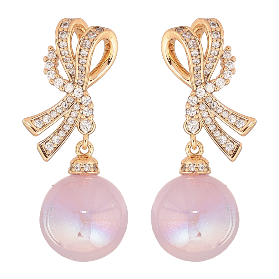 Серьги Xuping Позолота 18K пусеты Банты с сиреневыми перламутровыми шариками фото №1 Серьги Xuping Позолота 18K пусеты Банты с сиреневыми перламутровыми шариками фото №1