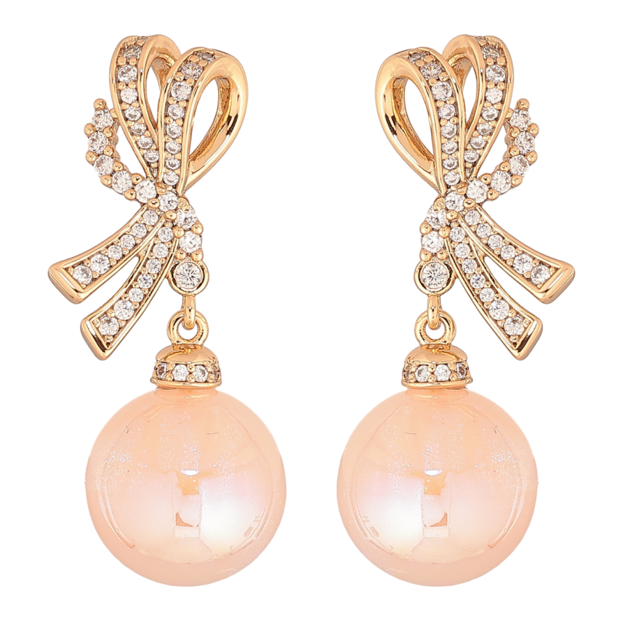 Серьги Xuping Позолота 18K пусеты Банты с персиковыми перламутровыми шариками фото №1 Серьги Xuping Позолота 18K пусеты Банты с персиковыми перламутровыми шариками фото №1