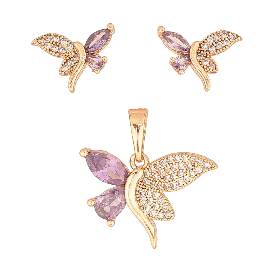 Набор Xuping Позолота 18K Серьги Кулон Стрекозы с сиреневыми кристаллами фото №1