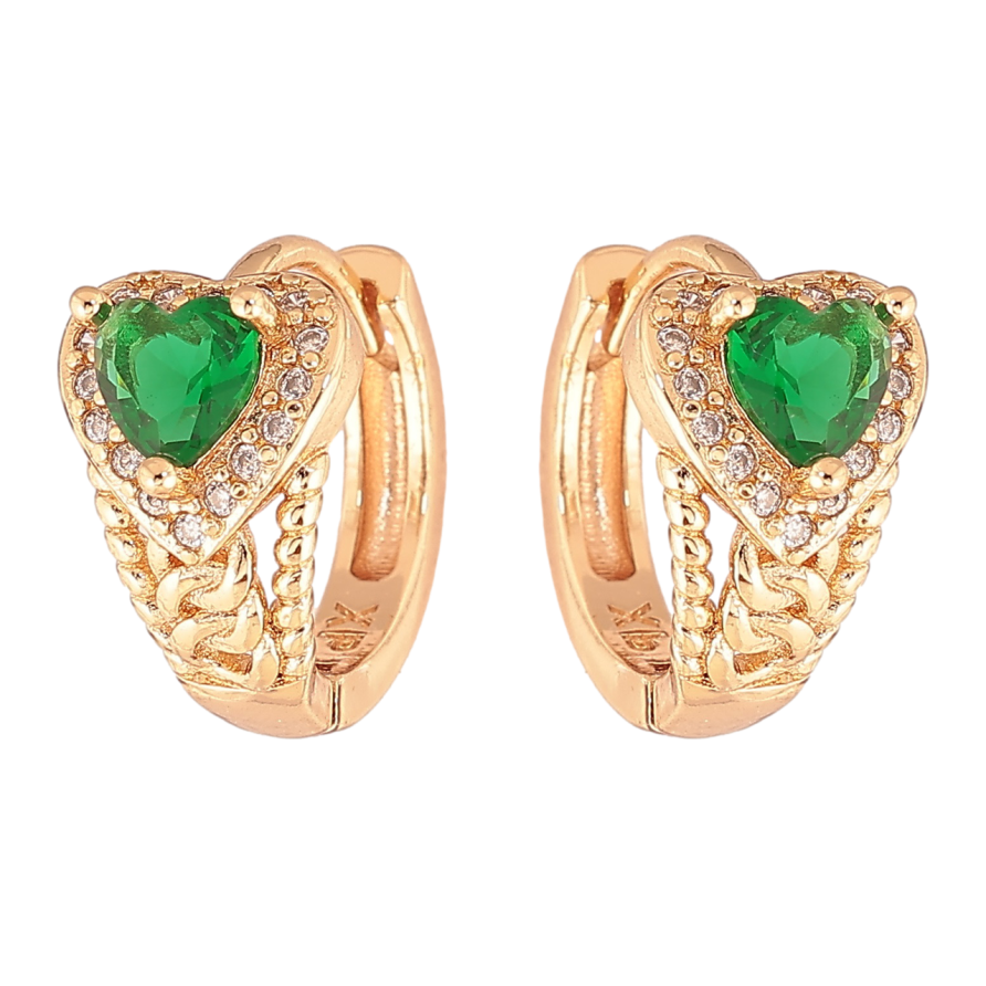 Серьги Xuping M&L Цвет 18K колечки Сердечки с зелеными кристаллами фото №1