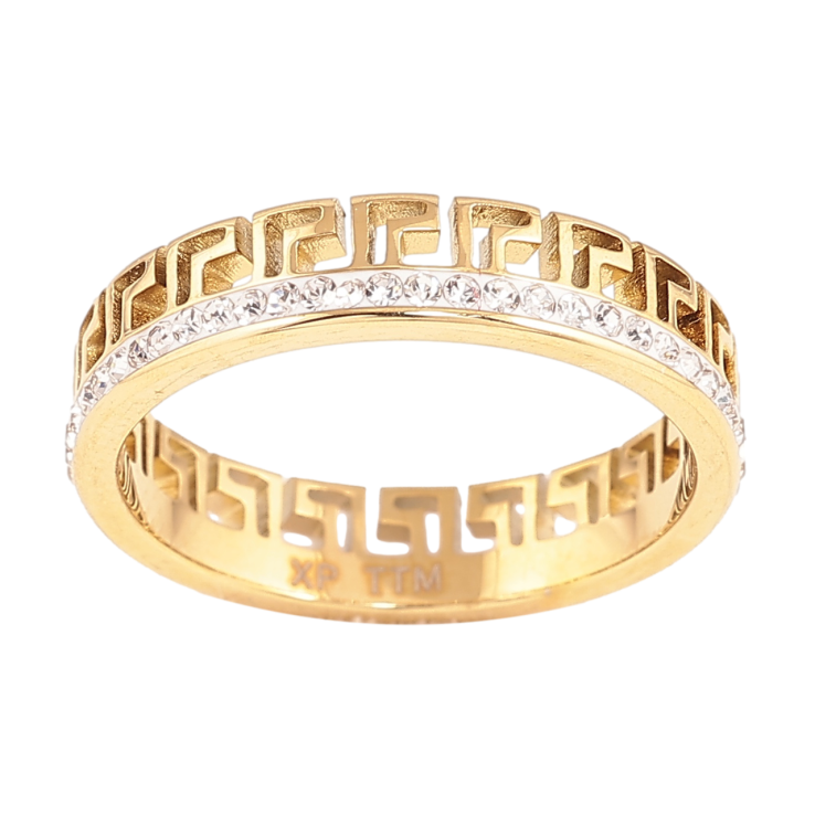Каблучка Xuping TTM Stainless Steel Колір 14К «Грецький візерунок з кристалами, шир. 5мм» фото №3