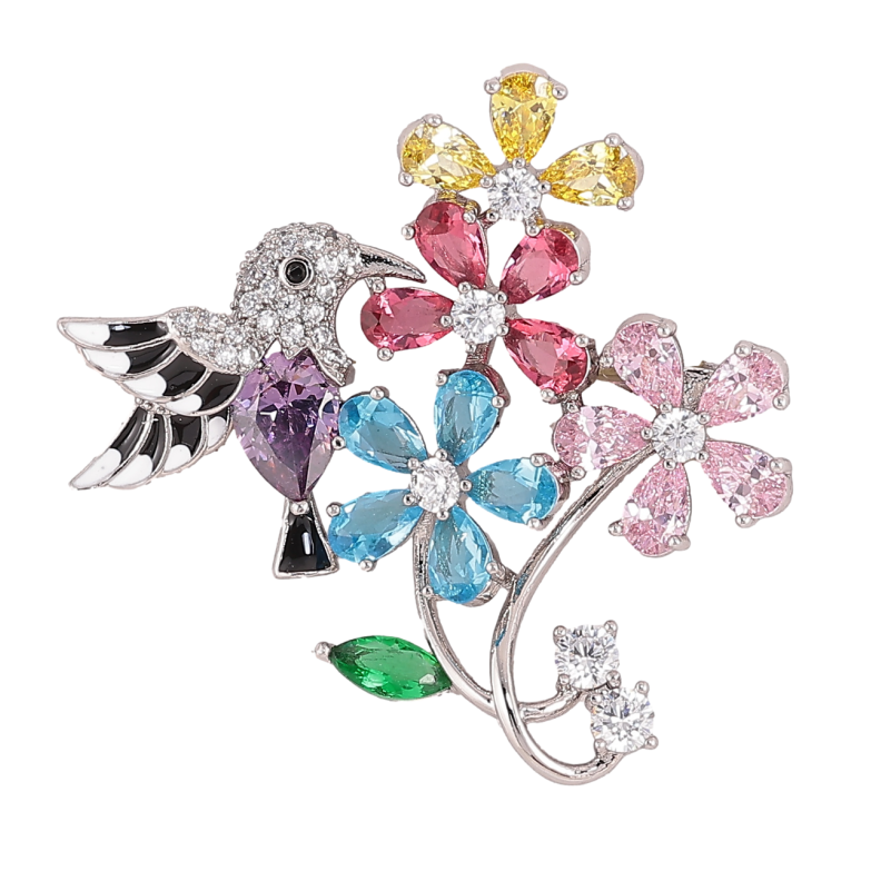 Брошка Xuping Родій «Різнокольорові кришталеві квіточки з пташкою» фото №1