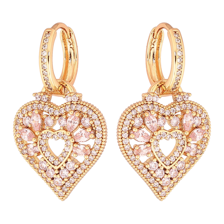 Серьги Xuping Позолота 18K подвески на колечках Сердечки с инкрустацией розовыми кристаллами 2 в 1 фото №3