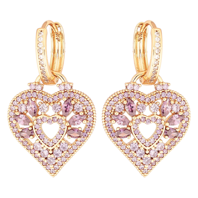Серьги Xuping Позолота 18K подвески на колечках Сердечки с инкрустацией сиреневыми кристаллами 2 в 1 фото №2