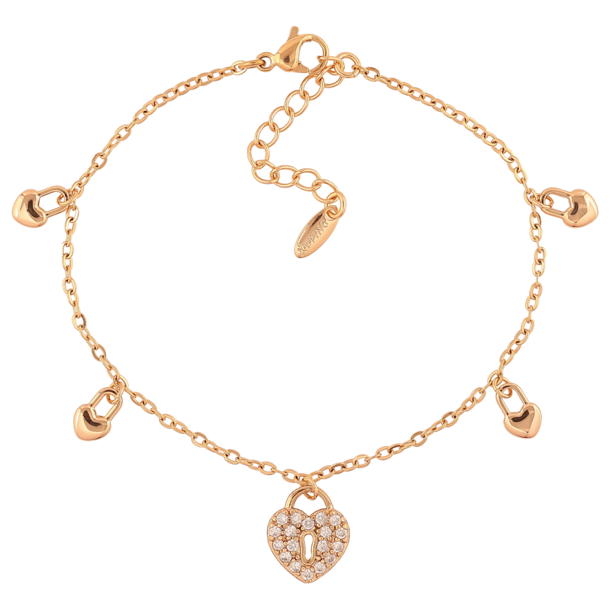 Браслет Xuping Позолота 18K «Ланцюжок з підвісками сердечками-замочками» розмір з додатковим ланцюжком 17-20,5 см х 2 мм фото №1