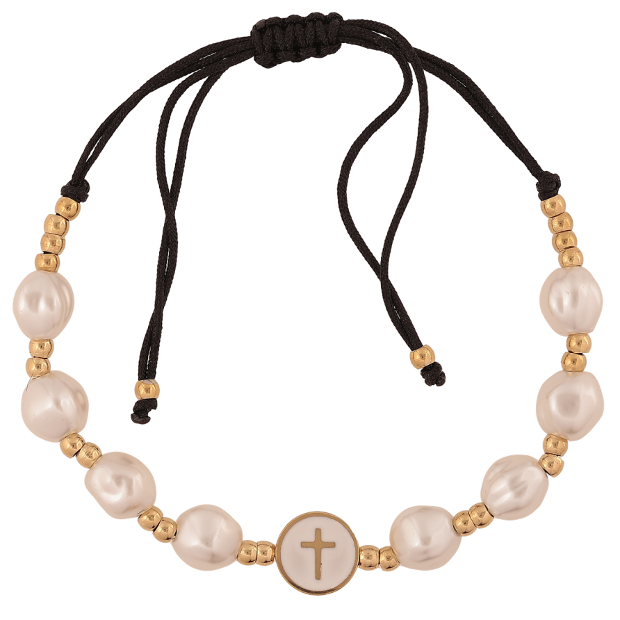 Браслет Xuping ТТМ Stainless Steel колір 14К «Чорний шнур з перлинними намистинами» довжина на затяжці 12-28 см х 2-10 мм фото №1