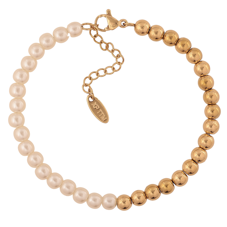 Браслет Xuping ТТМ Stainless Steel колір 14К «Золотисто-перлинні намистини» з додатковим ланцюжком 17,5-21 см х 5 мм фото №2