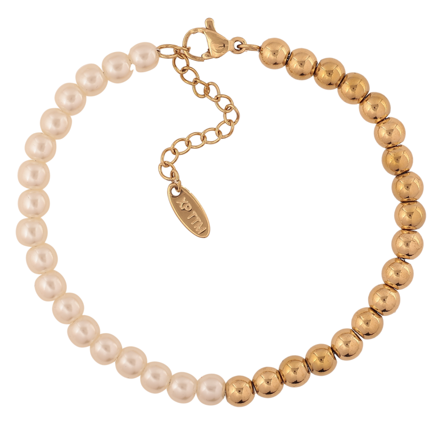 Браслет Xuping ТТМ Stainless Steel цвет 14К Золотисто-жемчужные бусины с доп.цеп 17,5-21см х 5мм фото №1