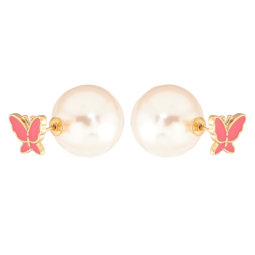 Сережки Xuping Позолота 18K пусети-джекети «Перлини та метелики з рожевою емаллю» ø 17мм фото №1