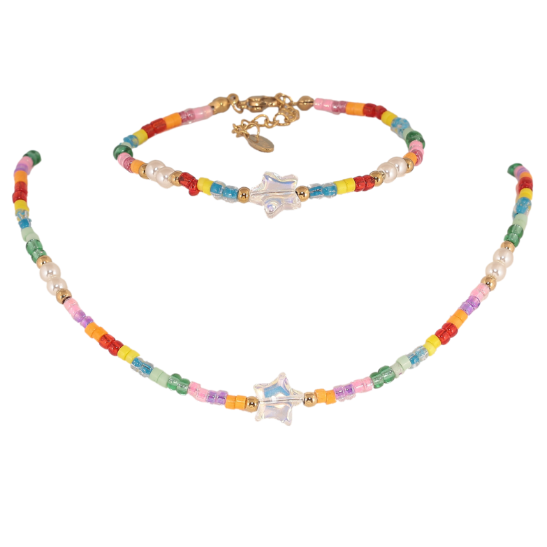 Набір дитячий Xuping TTM Stainless Steel Колір 14К Кольє Браслет «Кольорові намистини» розмір 37-43см, Бр 17-20см фото №1