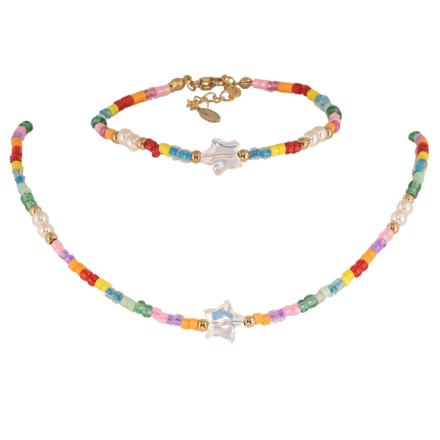 Набір дитячий Xuping TTM Stainless Steel Колір 14К Кольє Браслет «Кольорові намистини» розмір 37-43см, Бр 17-20см фото №1