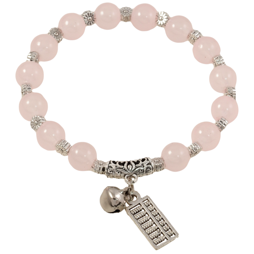 Браслет на гумці скло Рожеві намистини з квіточками та підвісками, ø 8мм вільний розмір фото №1