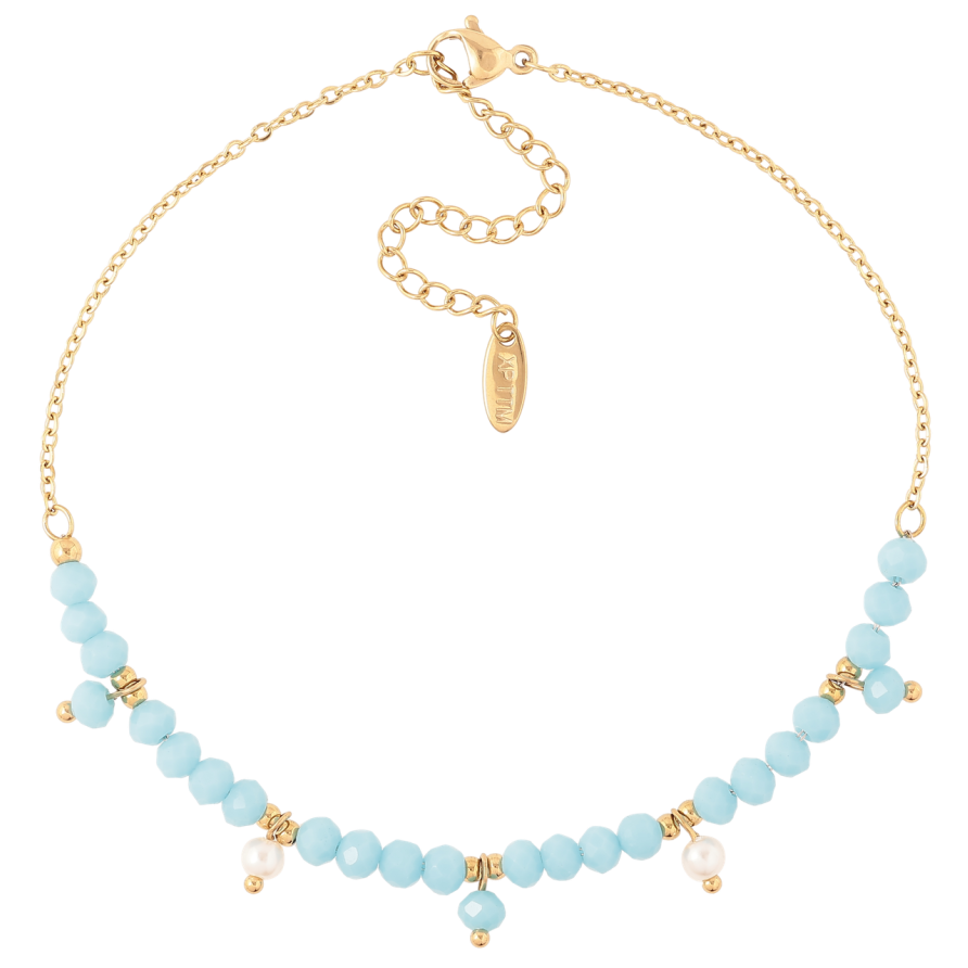 Браслет Xuping ТТМ Stainless Steel колір 14К (на ногу) Ланцюжок з блакитними намистинами довжина 24-29см х 1.5мм фото №1