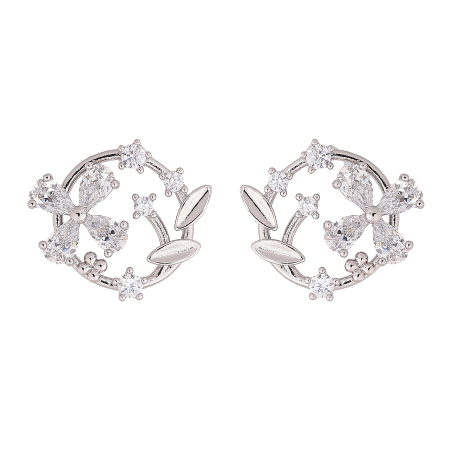 Сережки Xuping колір Родій пусети Квітковий візерунок з кристалами фото №1