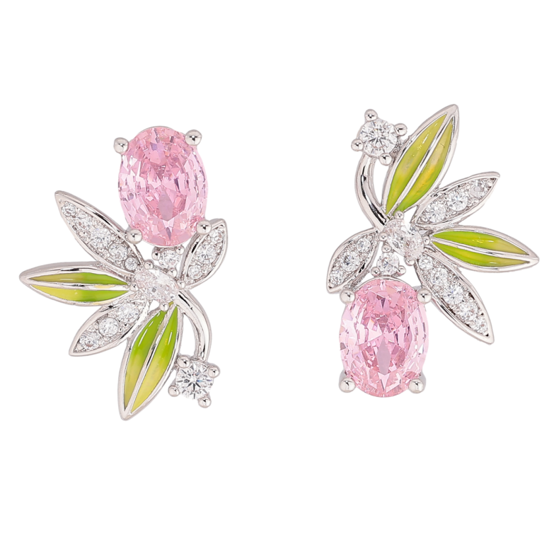Серьги Xuping цвет Родий пусеты Ассиметричный узор с розовыми кристаллами и эмалью фото №1