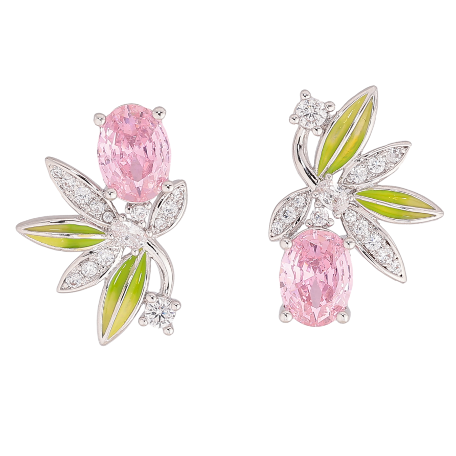 Сережки Xuping колір Родій пусети Асиметричний візерунок з рожевими кристалами та емаллю фото №1