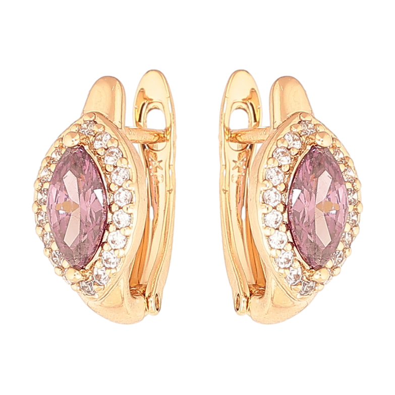 Серьги Xuping цвет Позолота 18K английский замок Сиреневые кристаллы в обрамлении фото №2 Серьги Xuping цвет Позолота 18K английский замок Сиреневые кристаллы в обрамлении фото №2