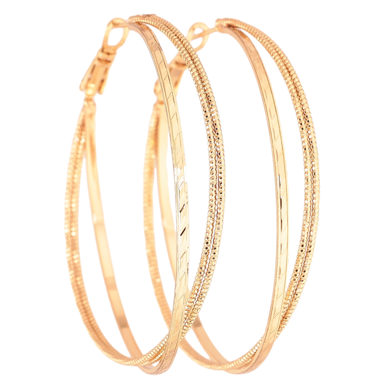 Сережки Xuping колір Позолота 18K кільця (конго) Подвійні з візерунком ø 5см фото №1