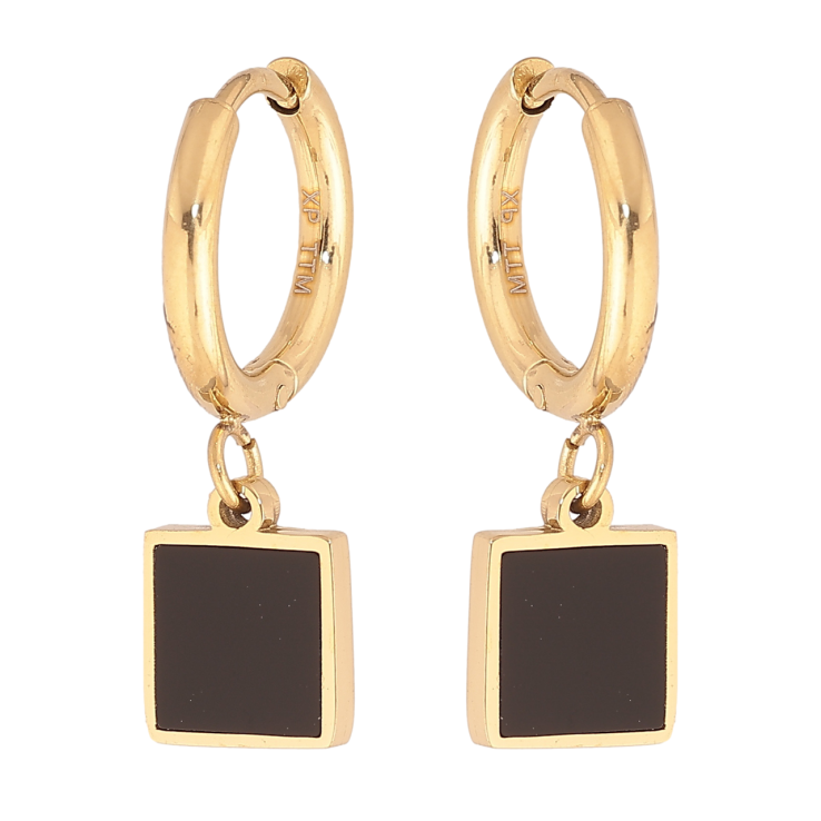 Сережки Xuping TTM Stainless Steel колір 14К підвіски на колечках Квадрати з чорними вставками 8х8мм фото №7