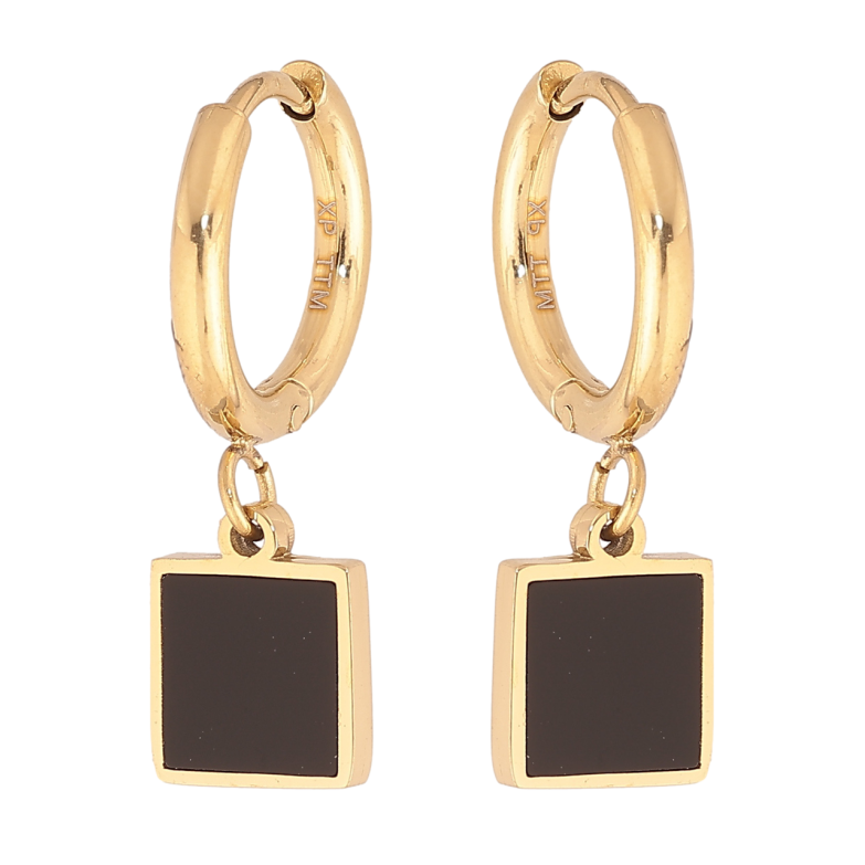 Серьги Xuping TTM Stainless Steel цвет 14К подвески на колечках Квадраты с черными вставками 8х8мм фото №6