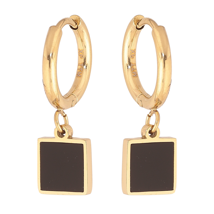Сережки Xuping TTM Stainless Steel колір 14К підвіски на колечках Квадрати з чорними вставками 8х8мм фото №1