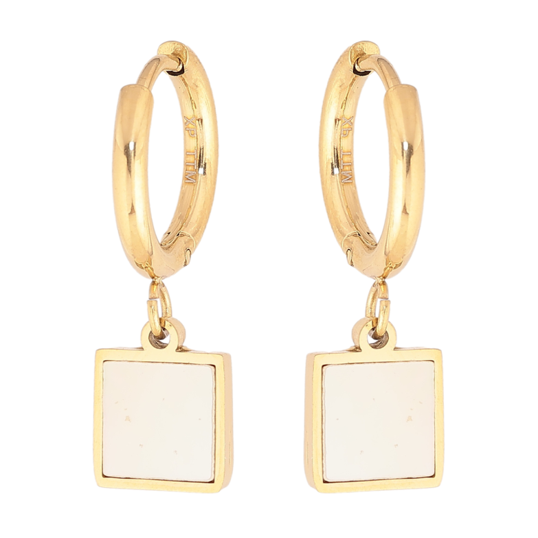 Сережки Xuping TTM Stainless Steel колір 14К підвіски на колечках Квадрати з перламутровими вставками 8х8мм фото №1