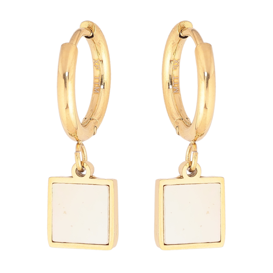 Сережки Xuping TTM Stainless Steel колір 14К підвіски на колечках Квадрати з перламутровими вставками 8х8мм фото №1