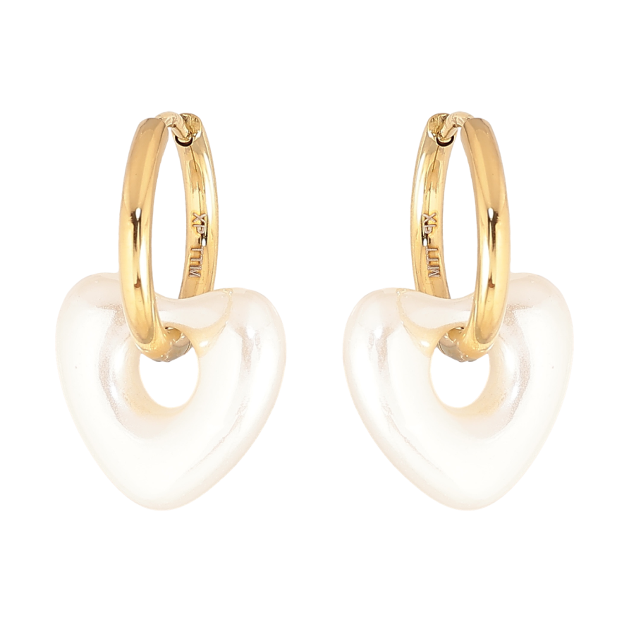 Сережки Xuping TTM Stainless Steel колір 14К підвіски на колечках Білі керамічні серця 2 в 1 фото №1