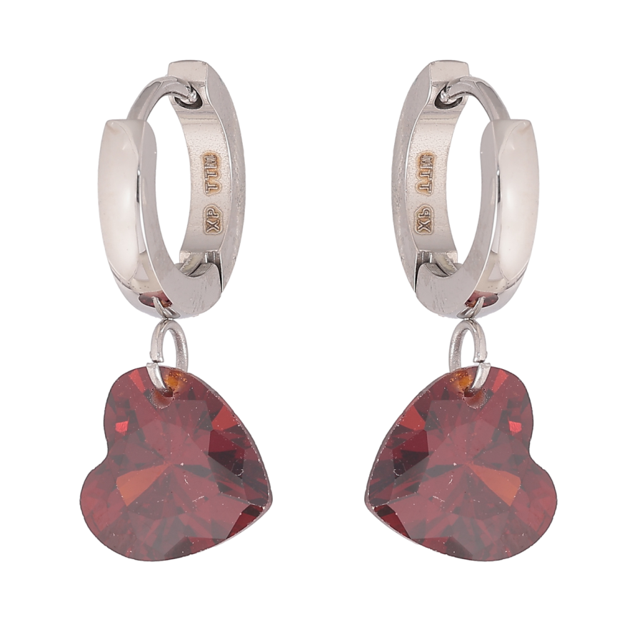 Сережки Xuping TTM Stainless Steel колір Родій підвіски на колечках Кристальні червоні серця фото №1