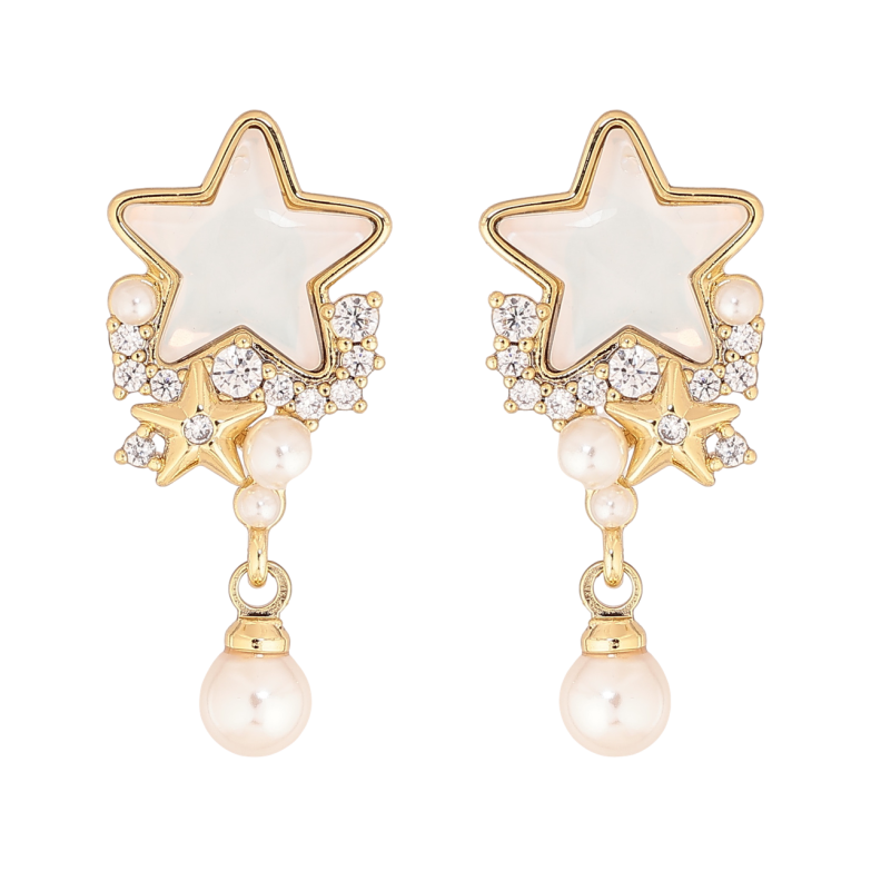 Серьги Xuping цвет Позолота 14K пусеты Белые звезды с кристаллами и жемчужинами фото №11