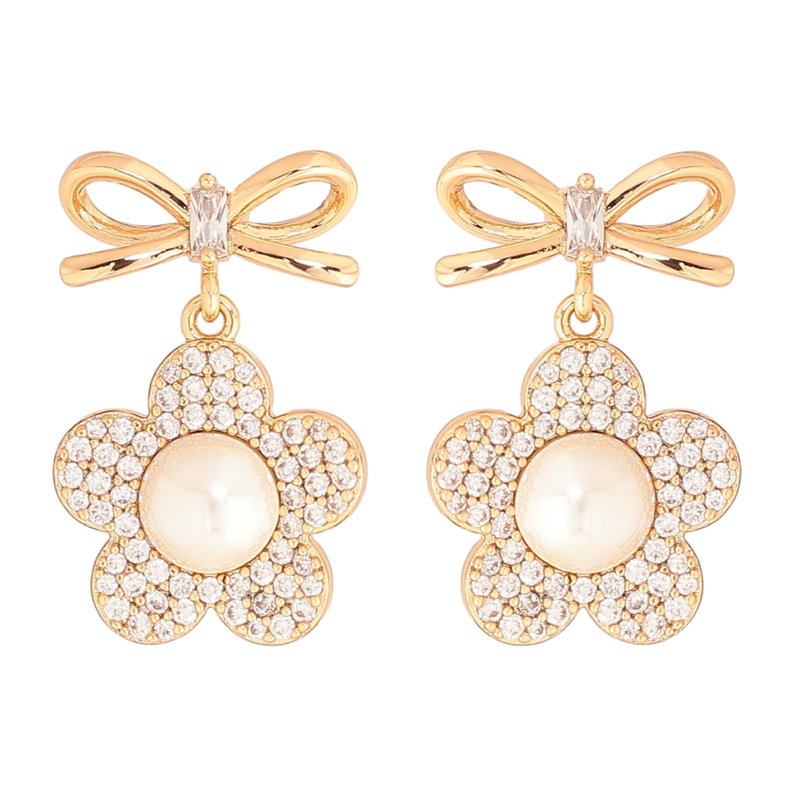 Серьги Xuping Цвет Позолота 18K пусеты Цветочки с жемчужинами и инкрустацией кристаллами фото №1