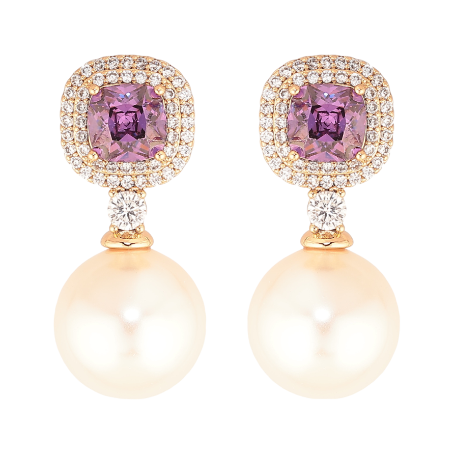 Серьги Xuping Цвет Позолота 18K пусеты Инкрустация с сиреневыми кристаллами и жемчужинами фото №1 Серьги Xuping Цвет Позолота 18K пусеты Инкрустация с сиреневыми кристаллами и жемчужинами фото №1