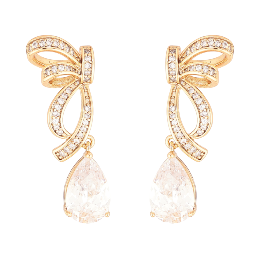 Серьги Xuping Цвет Позолота 18K пусеты Банты с кристальными капельками фото №1