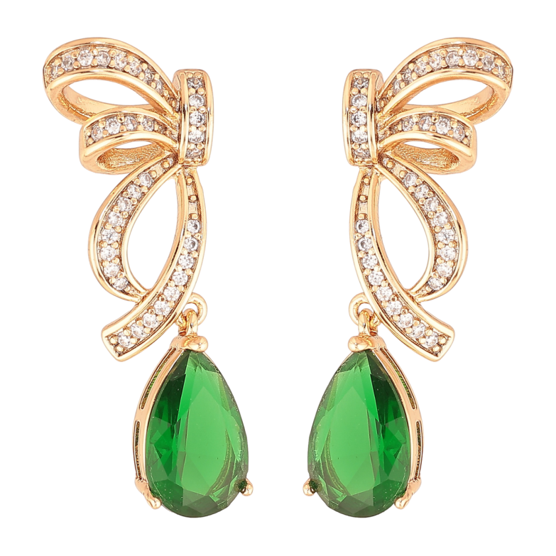 Сережки Xuping Колір Позолота 18K пусети Банти з зеленими кришталевими крапельками фото №1 Сережки Xuping Колір Позолота 18K пусети Банти з зеленими кришталевими крапельками фото №1